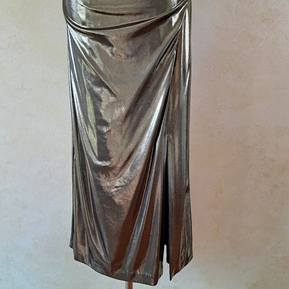 Vince Camuto Liquid Metallic Cowl Neck Midi Dress Size 12 Ruched Pewter Cocktail - Picture 11 of 13